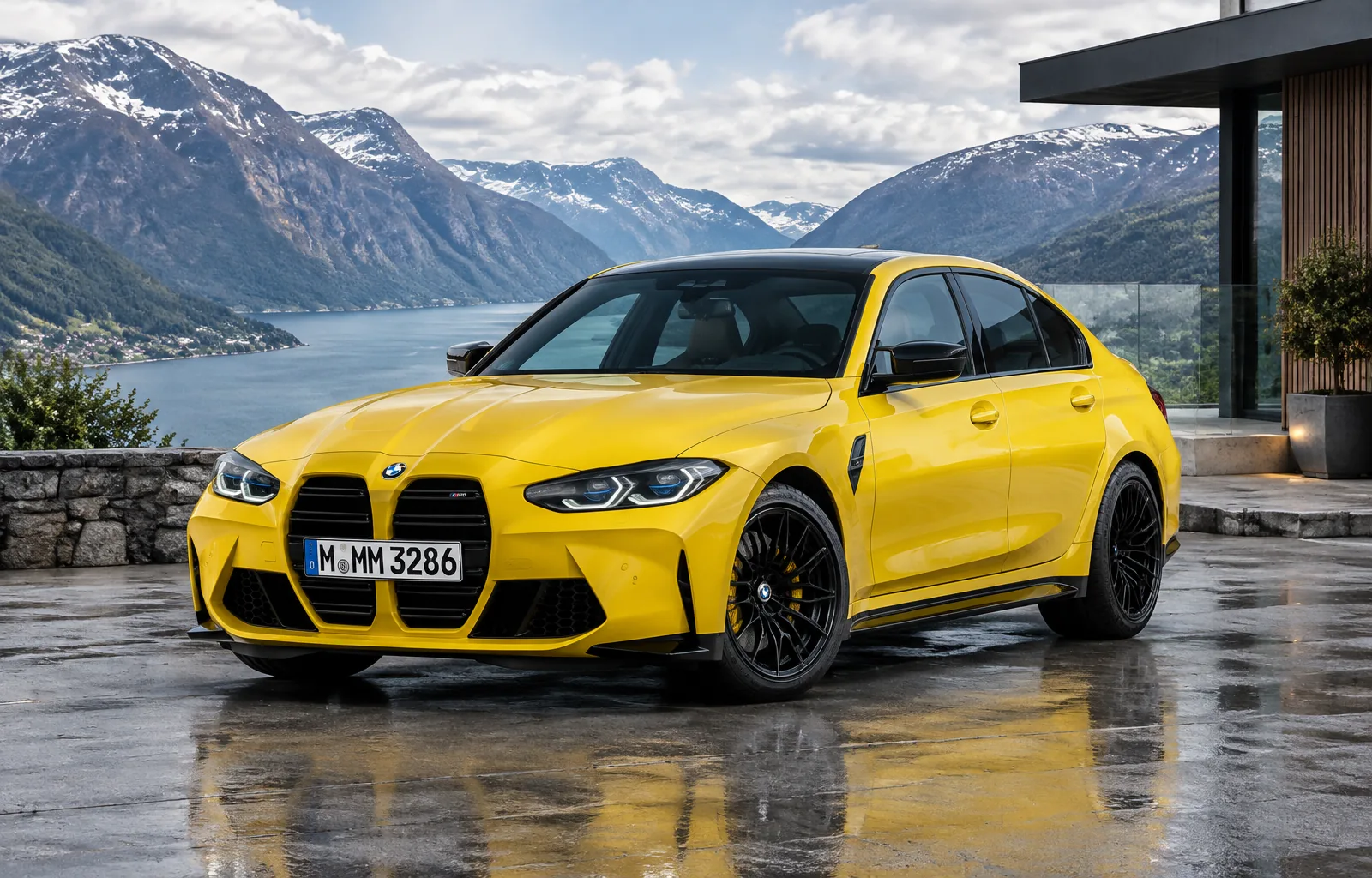 AI-generert illustrasjon av en gul BMW M3 G80 sett skrått forfra ved en norsk fjord